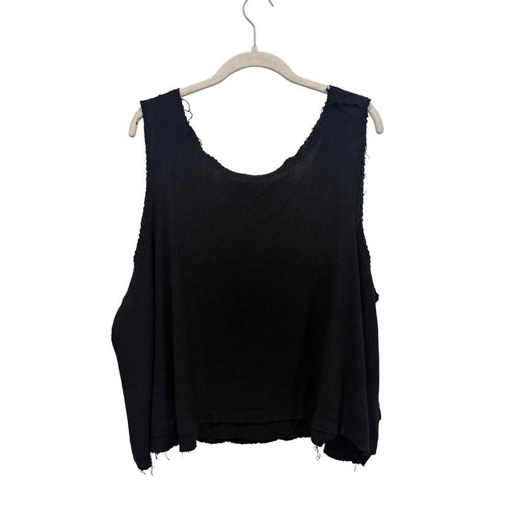 We The Free Free People Black Ribbed Thermal Tank Top Raw Hem Large